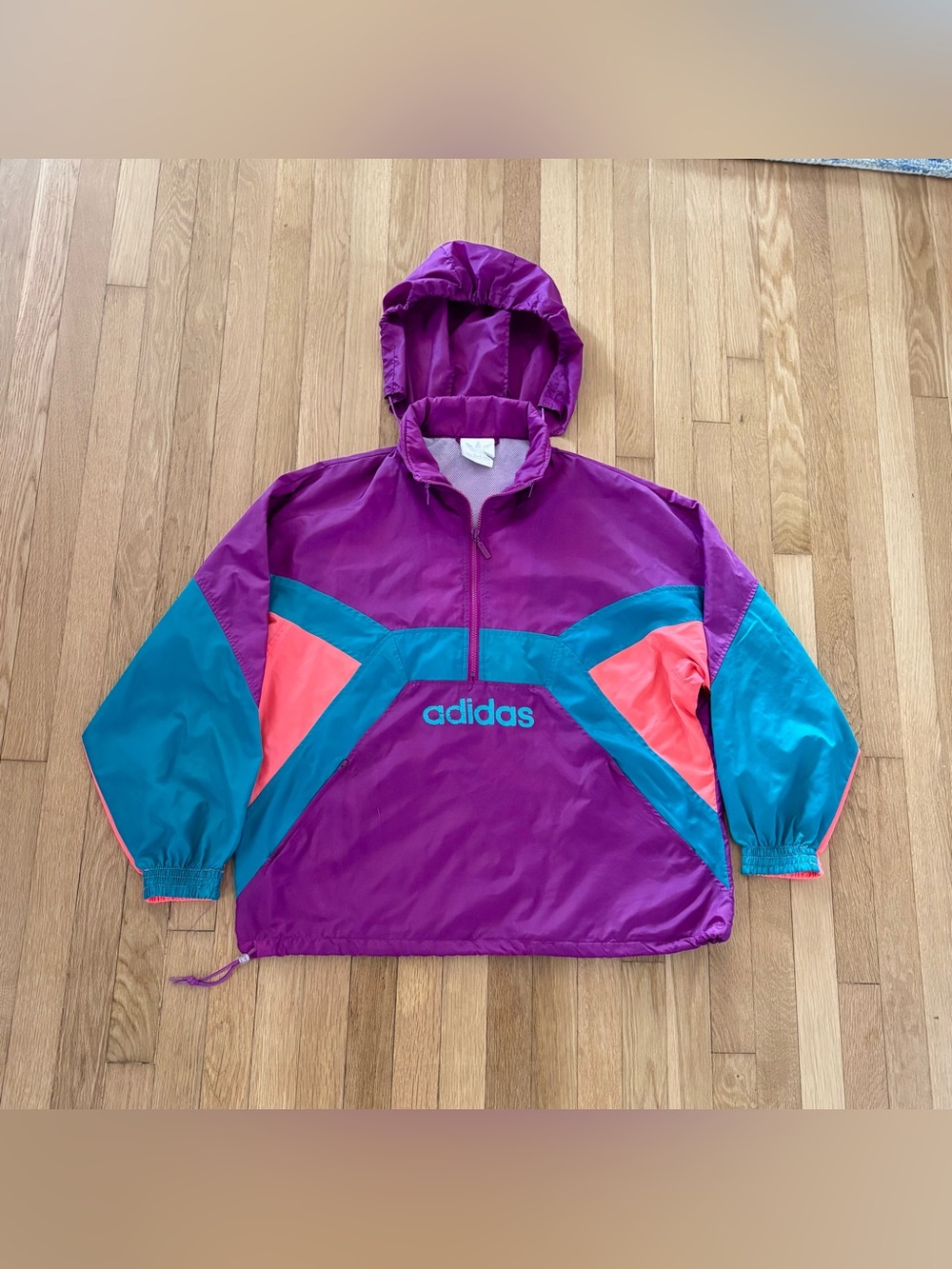 Vintage 90s Adidas World Flag Windbreaker Jacket Pullover Anorak Hood Medium